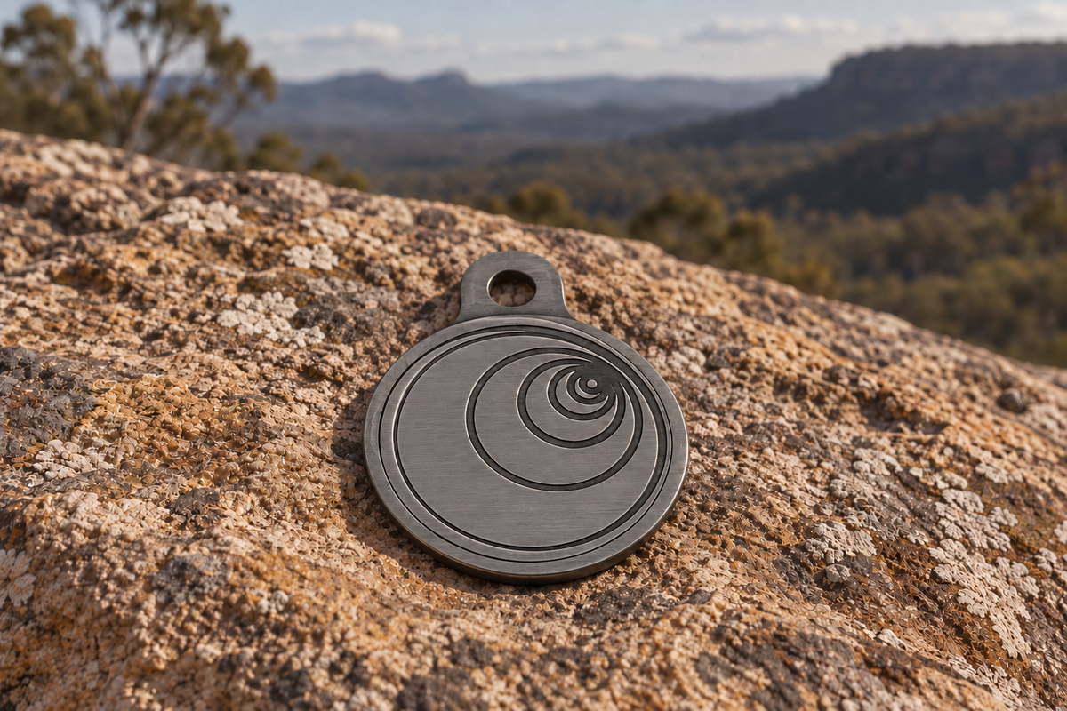 Ground pendant in brushed gunmetal, front showing spiral geometry