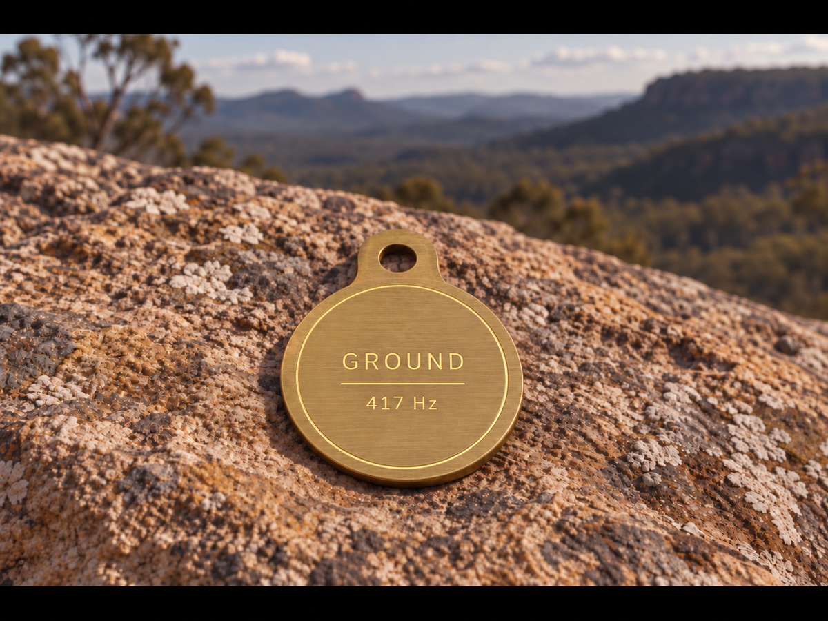 Ground pendant reverse in brushed gold with metallic-gold etched GROUND and 417 Hz