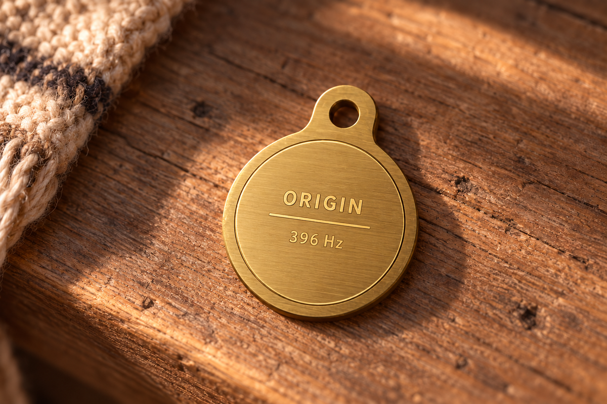 Reverse of the Origin pendant in brushed gold showing Origin and 396 Hz