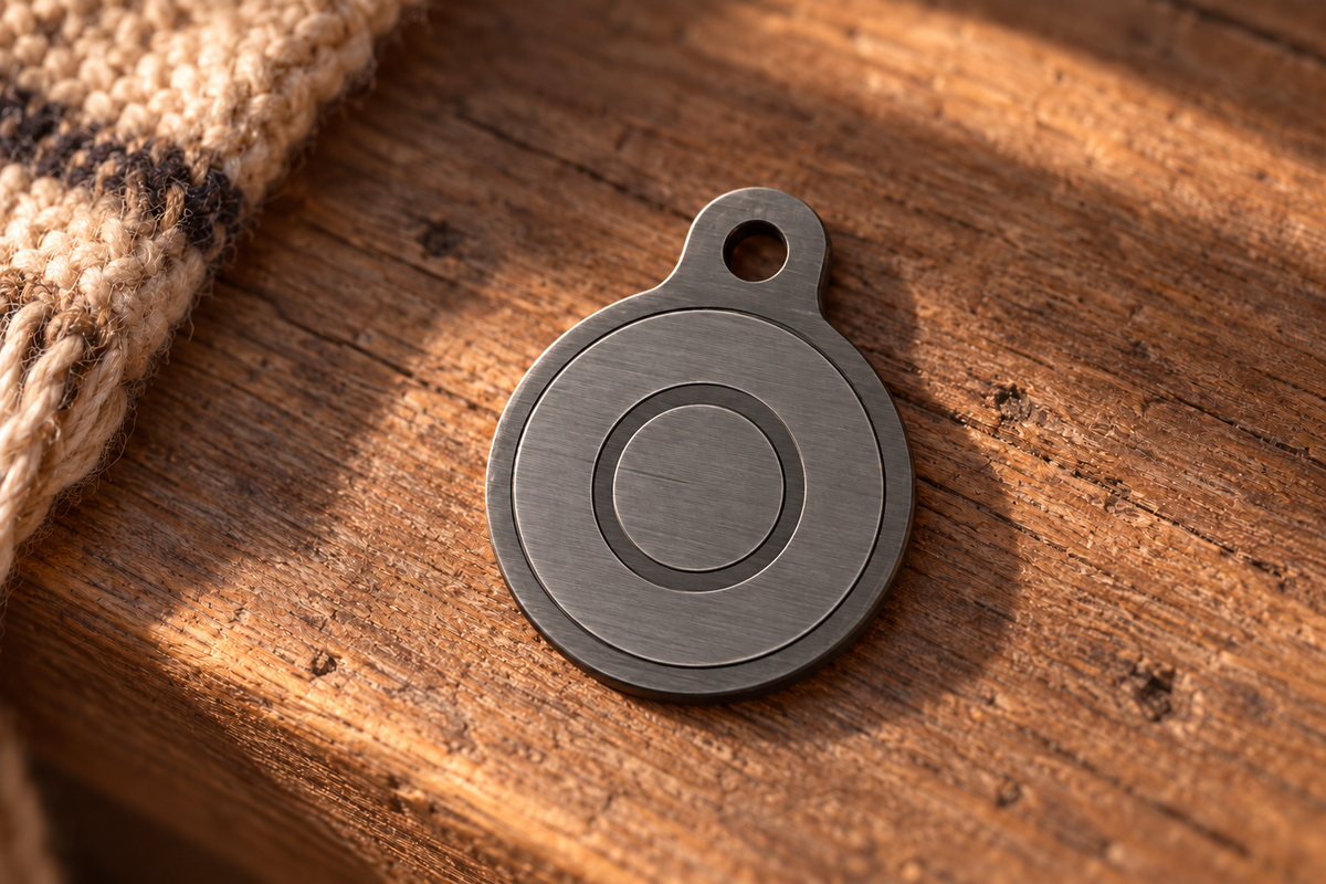 Front of the Origin pendant in brushed gunmetal on a timber bench