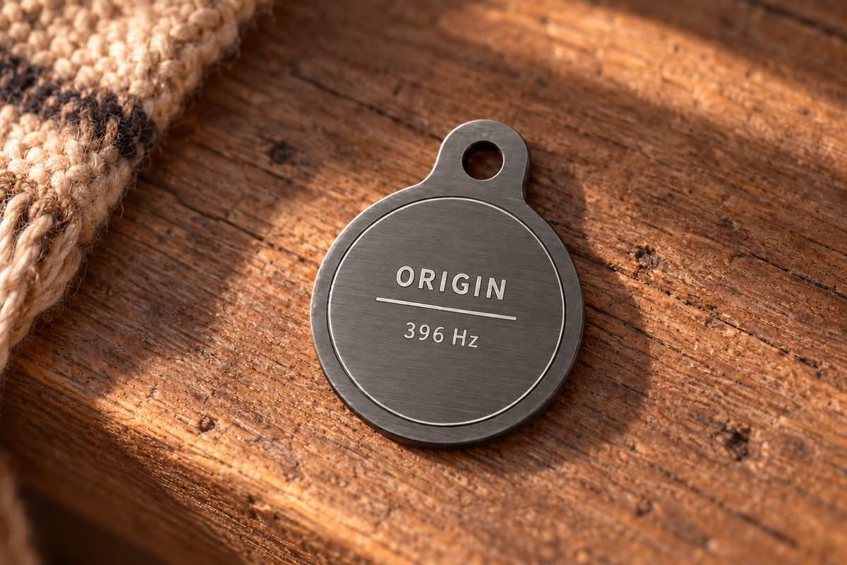Reverse of the Origin pendant in brushed gunmetal showing Origin and 396 Hz