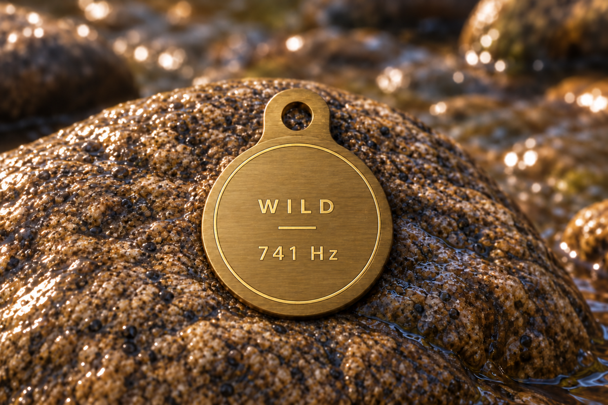 Wild pendant in brushed gold, reverse with WILD and 741 Hz