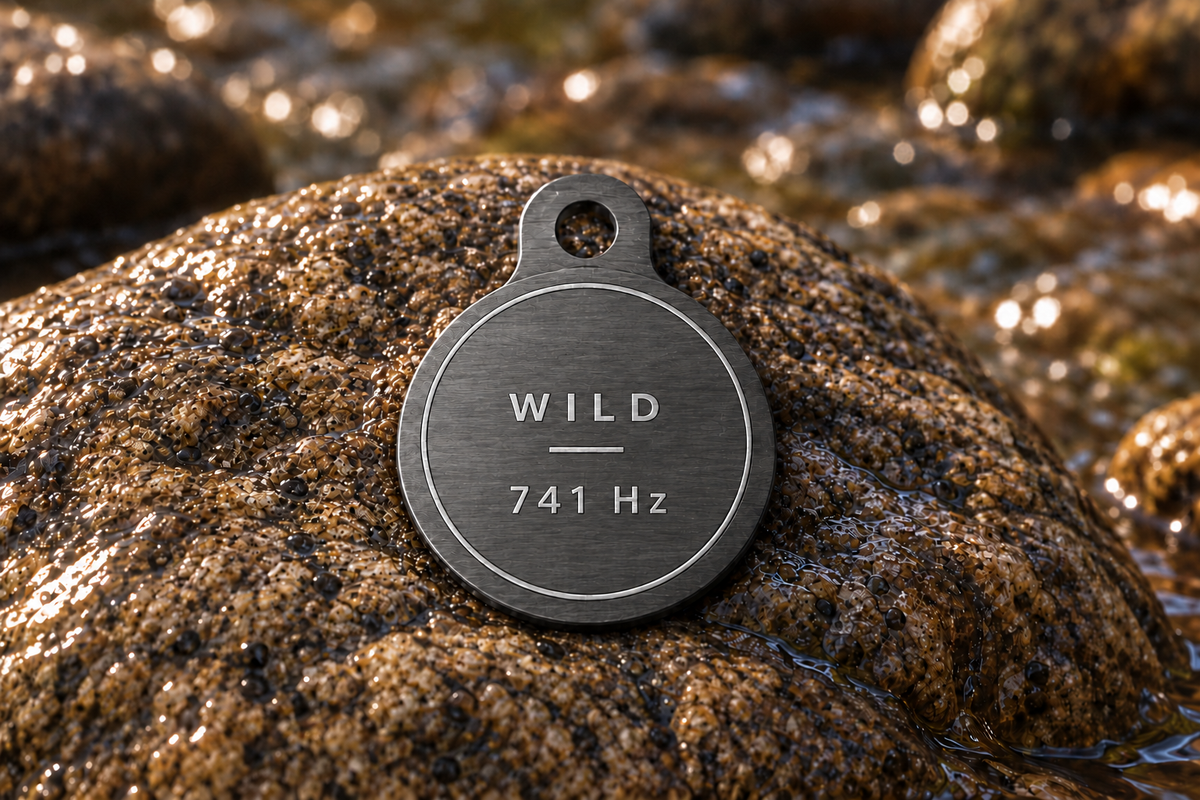 Wild pendant in brushed gunmetal, reverse with WILD and 741 Hz